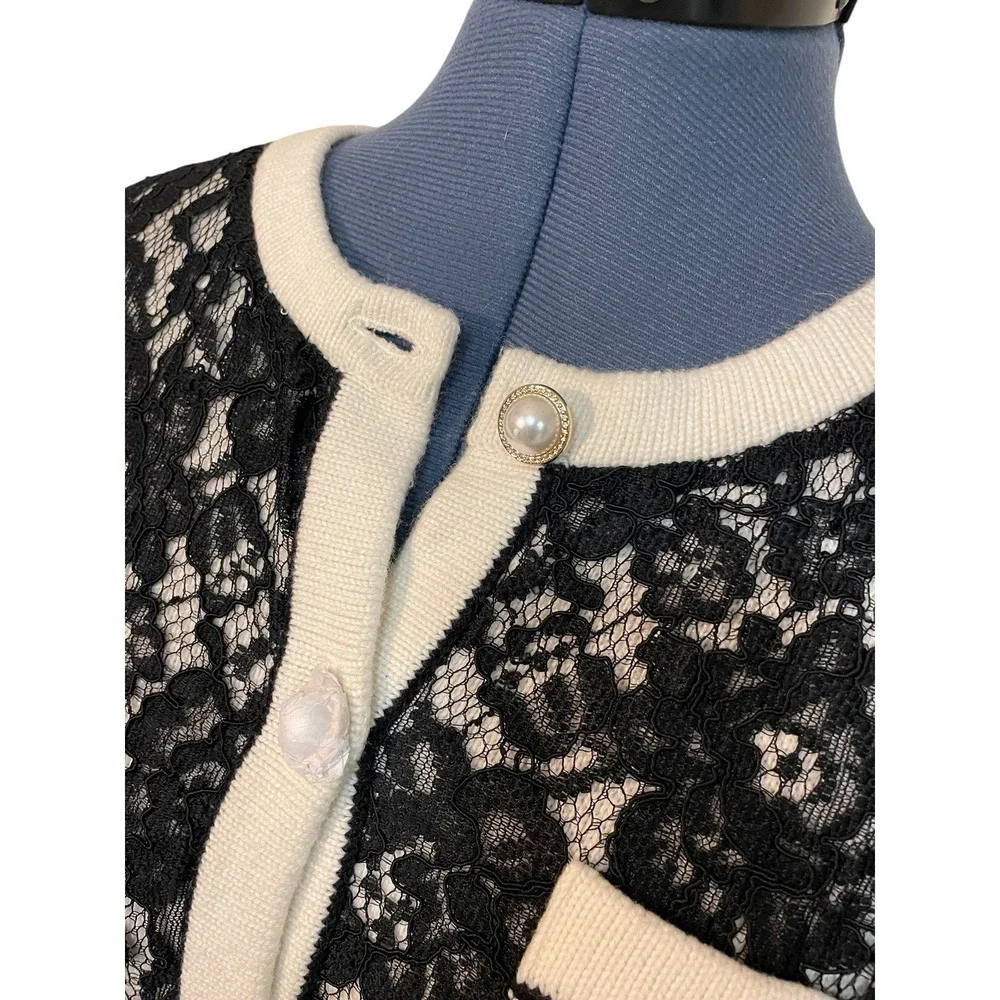 NWT‎ Talbots Black Lace Overlay Ivory Knit Pearl Button Cardigan Old Money Lux S